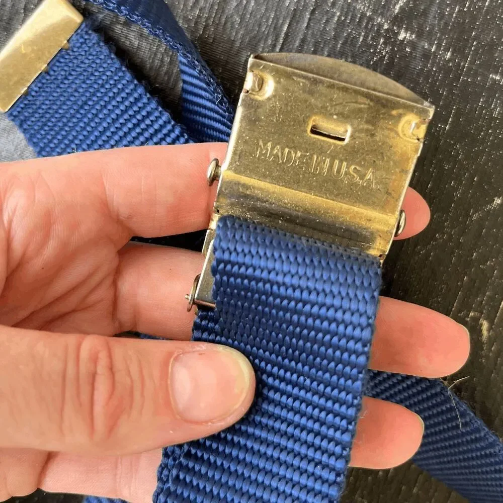 Vintage 90s Remington Brass Buckle Nylon Belt Navy Blue Adjustable 46